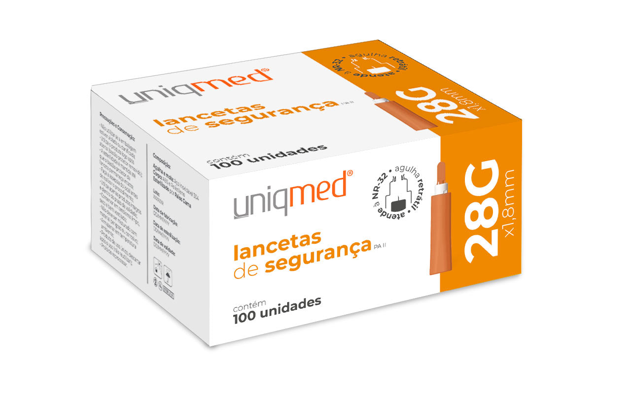 Lancetas de Segurança Uniqmed PA II 28G x 1,8mm - Caixa com 100 unidades