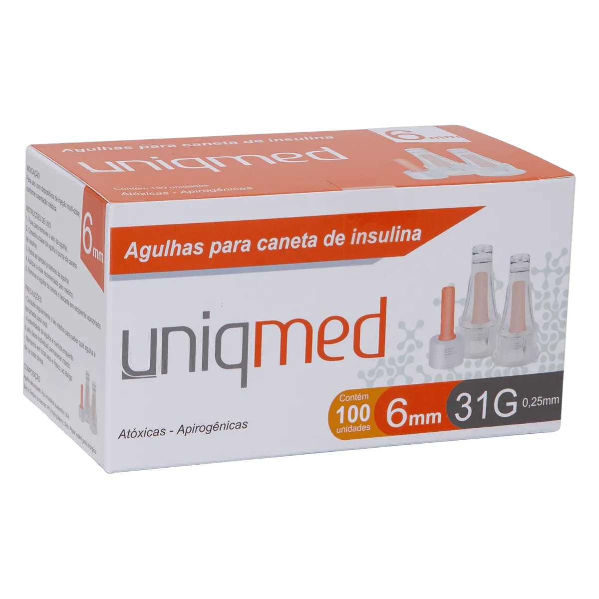 Agulha para Caneta de Insulina Uniqmed 6mm x 31G (0,25mm) - Caixa com 100 unidades