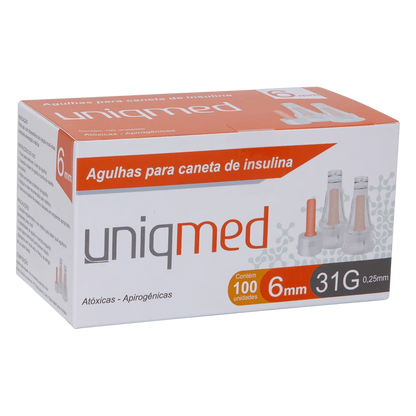Agulha para Caneta de Insulina Uniqmed 6mm x 31G (0,25mm) - Caixa com 100 unidades