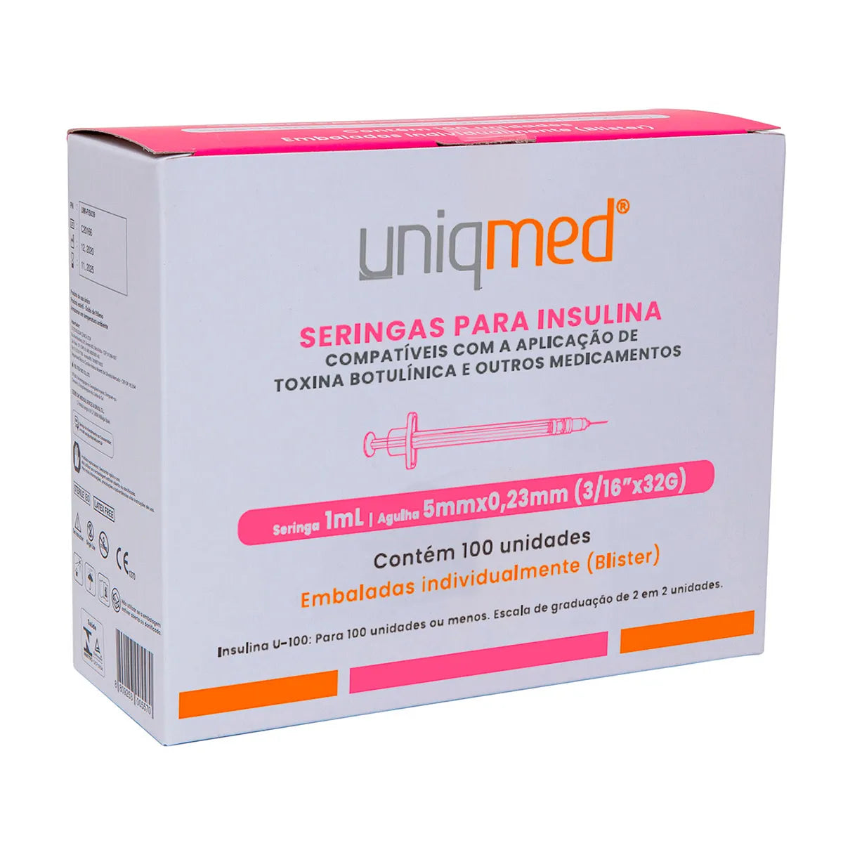 Seringa para Insulina Uniqmed 1mL – Agulha 5mm x 0,23mm - Caixa com 100 unidades
