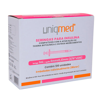 Seringa para Insulina Uniqmed 1mL – Agulha 5mm x 0,23mm - Caixa com 100 unidades